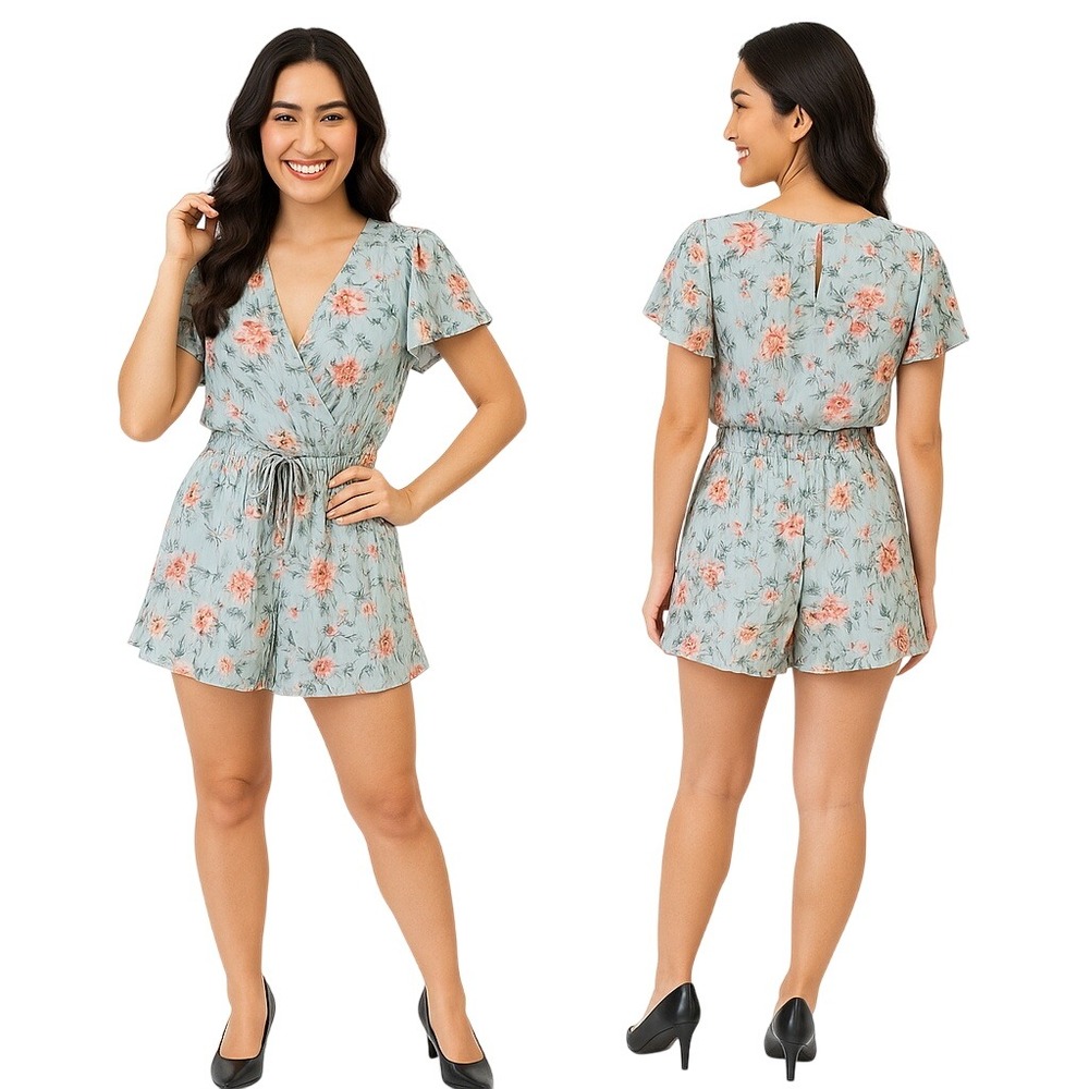 Francesca's Trixxi Romper Blue Floral V-Neck Ruffle Hem Boho Tropical Resort New